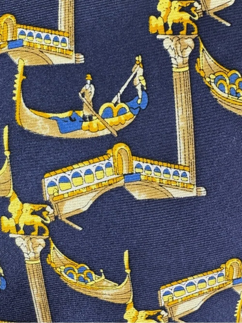 Trevisan Venezia Silk Elegant Navy and Gold Mens Tie Gondola Print Made in Italy